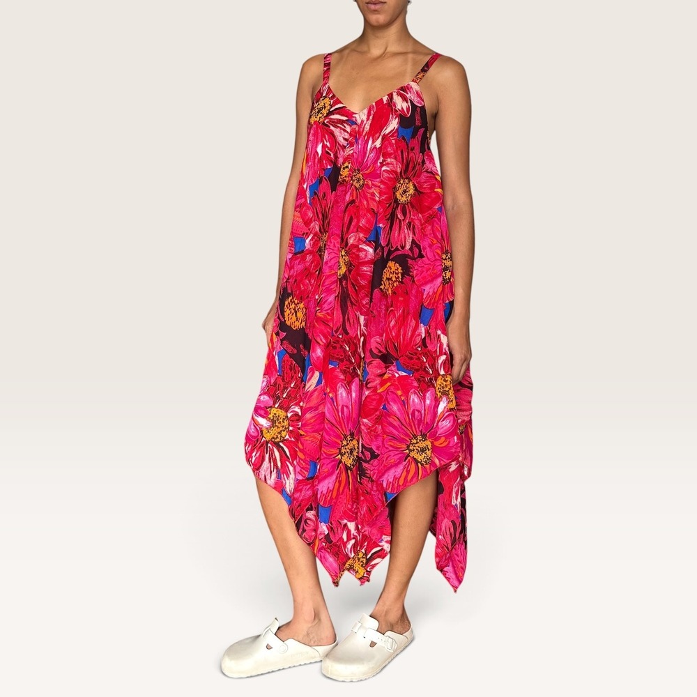 Mlle Gabrielle Pink Floral Handkerchief Hem Midi Dress Small V-Neck Boho